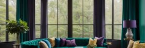 A living room with green furniture and purple carpet