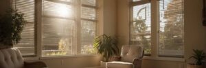 A living room with sun shining through the windows.