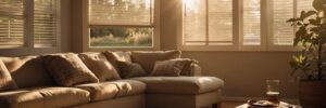 A living room with couches and a window.