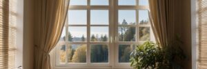 A living room with a large window and a plant