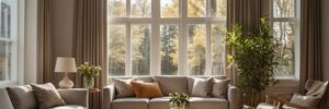 A living room with couches and tables in front of large windows.