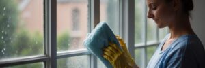 A woman in blue shirt holding a yellow glove.