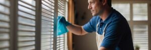 A man in blue shirt cleaning window with cloth.